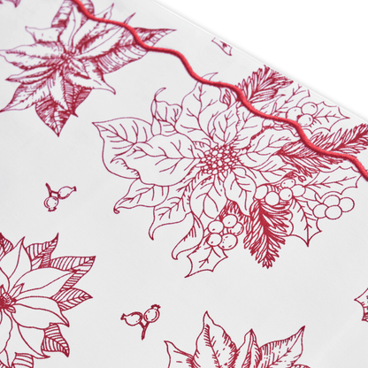 Christmas Table Runner | Red Poinsettia Print with Wave Scallop Embroidery