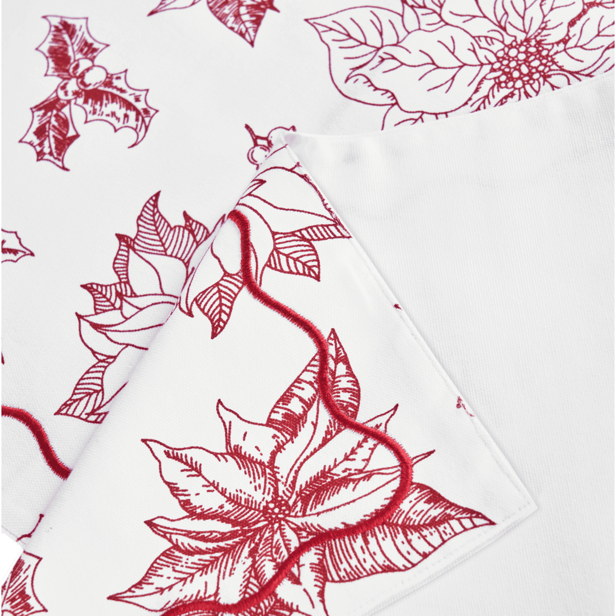 Christmas Table Runner | Red Poinsettia Print with Wave Scallop Embroidery