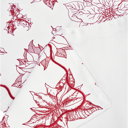 Christmas Table Runner | Red Poinsettia Print with Wave Scallop Embroidery