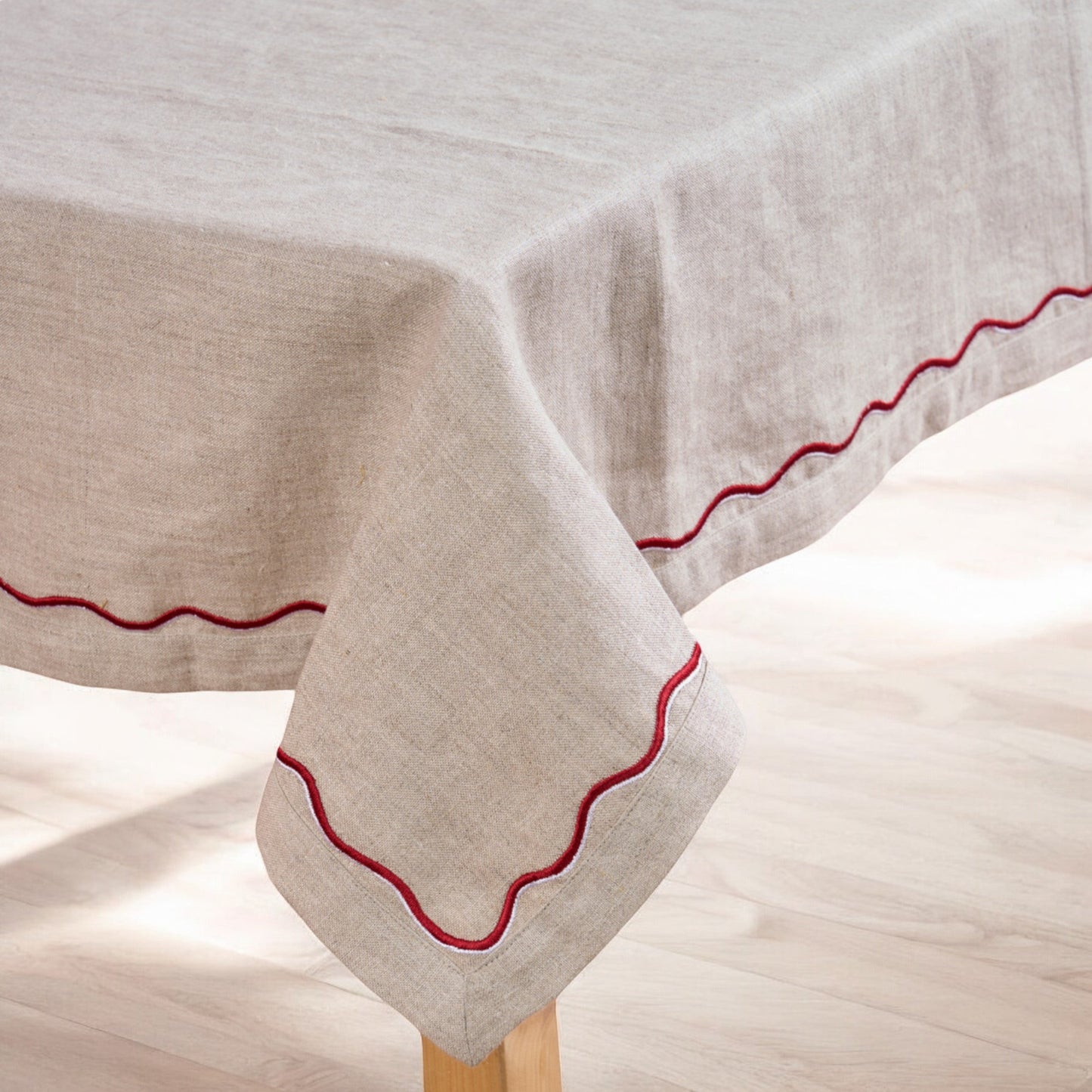 Premium Pure Linen Tablecloth with Elegant Red White Wave Embroidery, Multiple Sizes