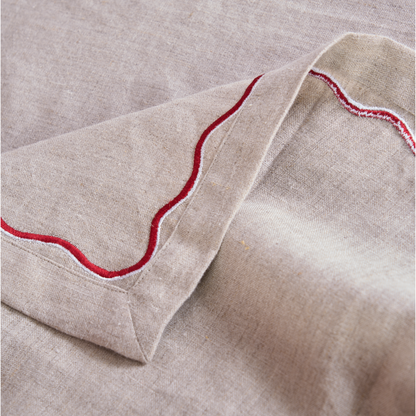 Premium Pure Linen Tablecloth with Elegant Red White Wave Embroidery, Multiple Sizes