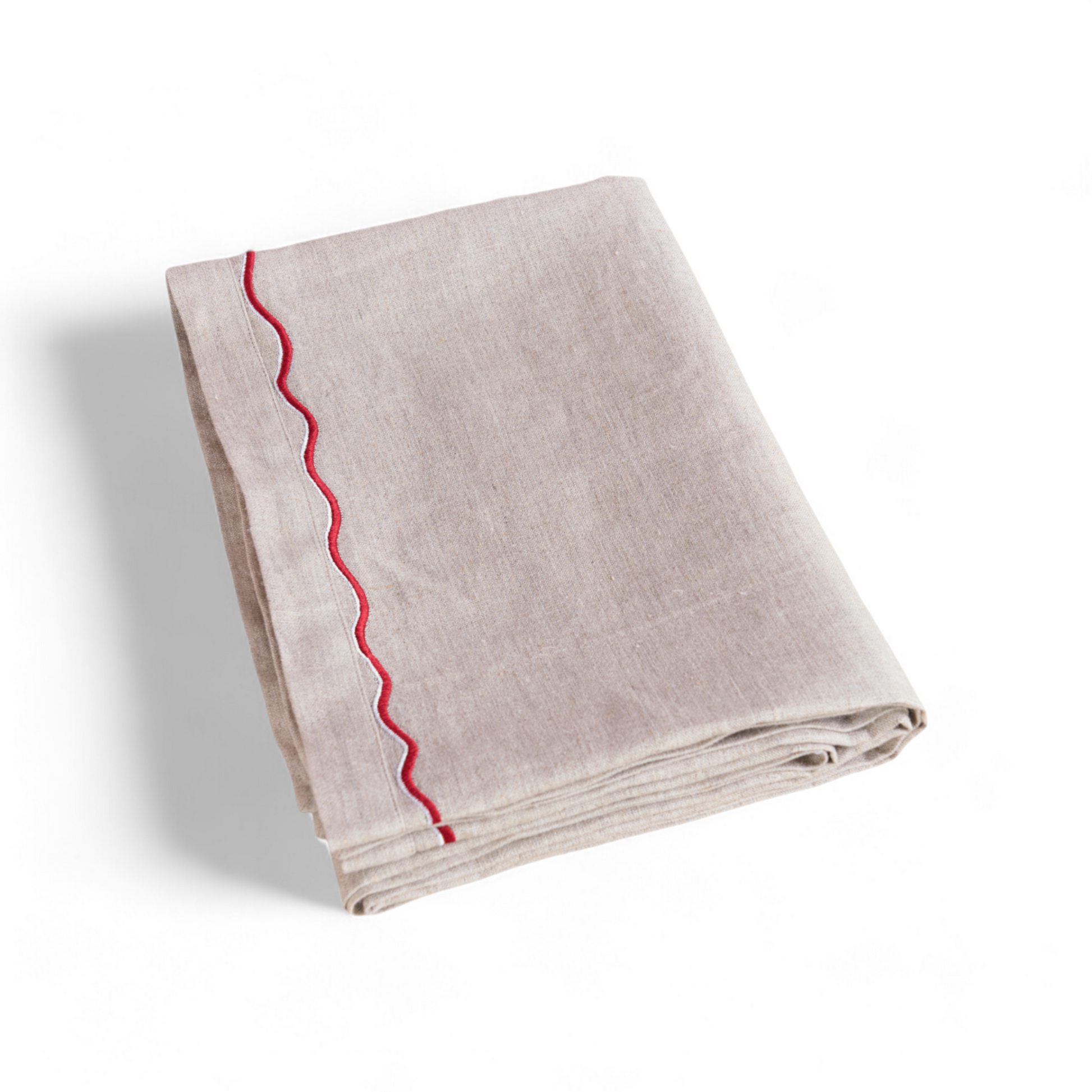 Pure Natural Linen Table Cloth with Red Wave Embroidery