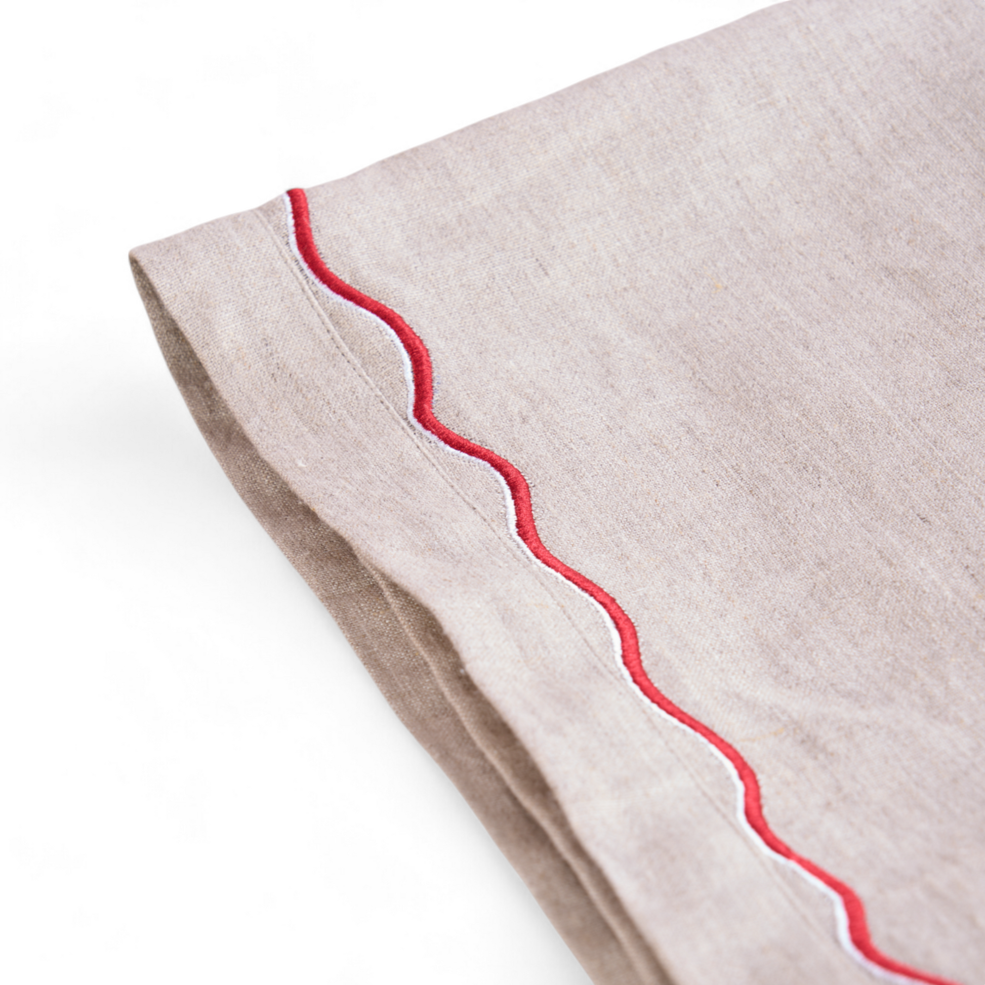 Pure Natural Linen Table Cloth with Red Wave Embroidery