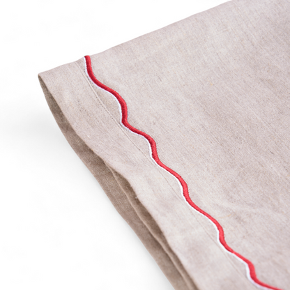 Pure Natural Linen Table Cloth with Red Wave Embroidery