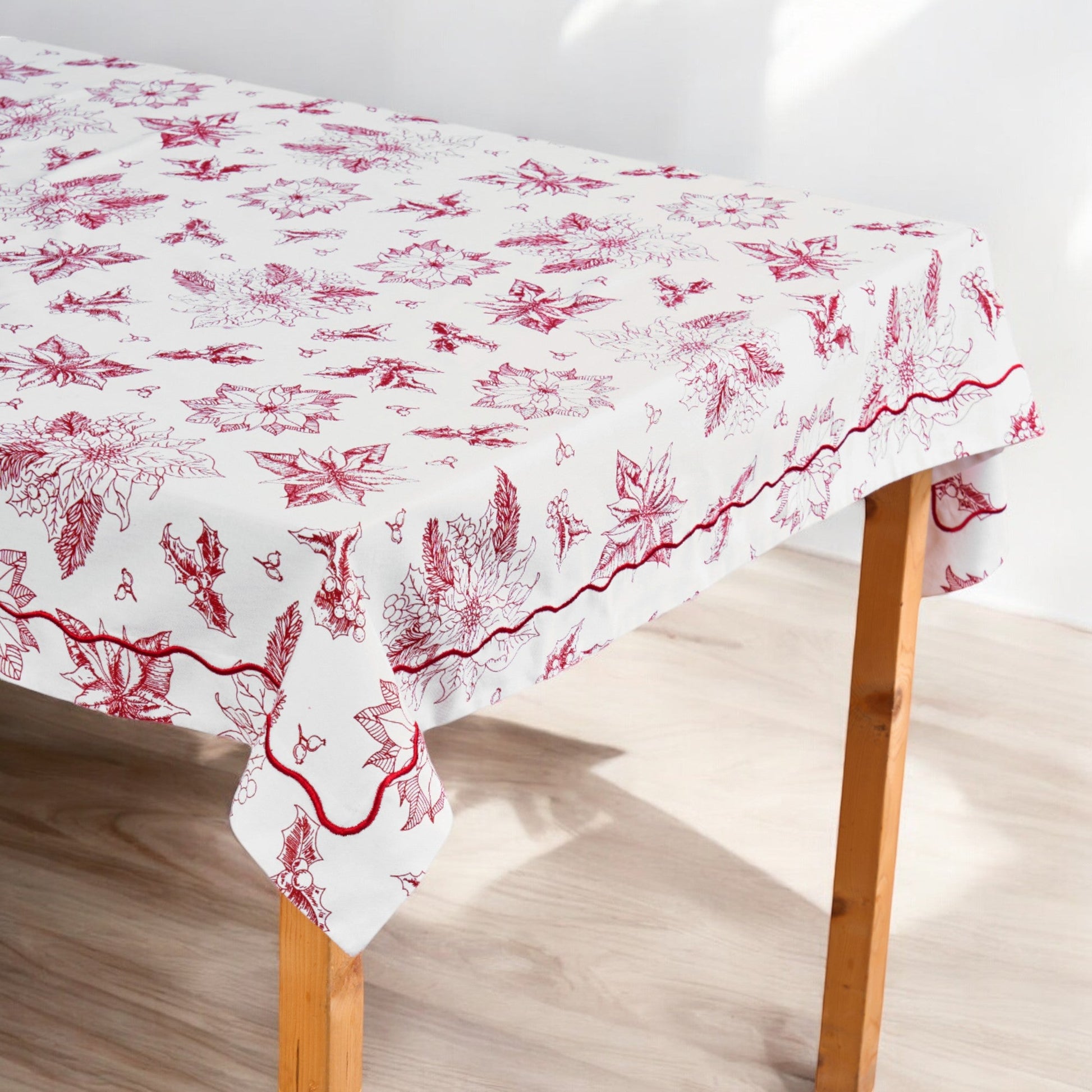 Red & White Cotton Christmas Tablecloth with Poinsettia Wave Embroidery
