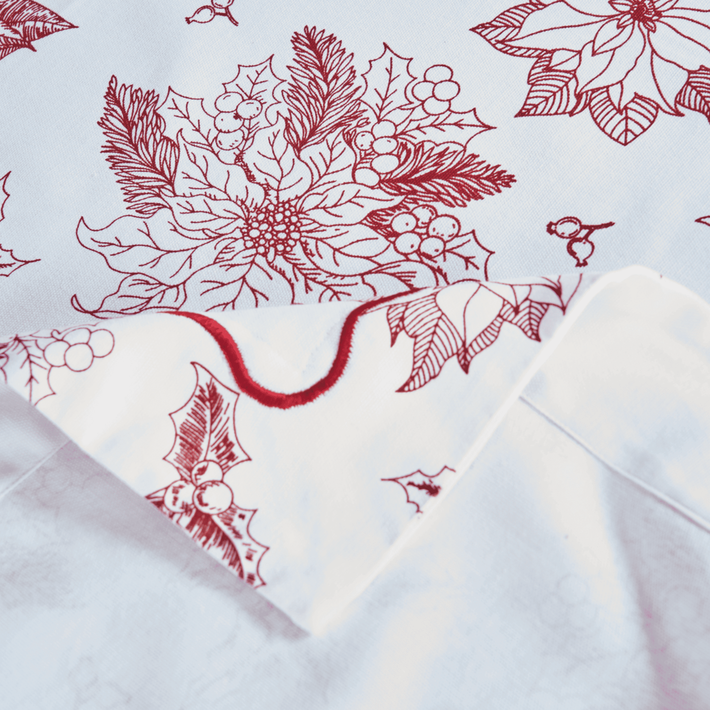 Red & White Cotton Christmas Tablecloth with Poinsettia Wave Embroidery