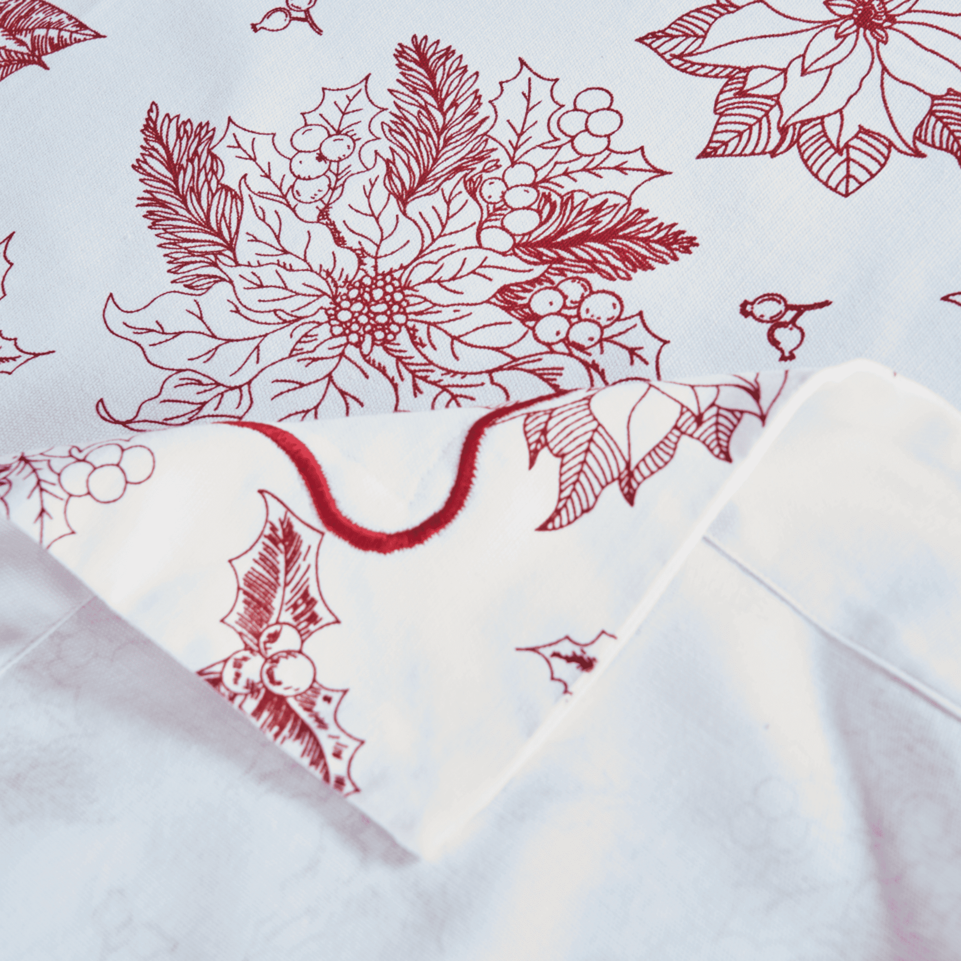 Red & White Cotton Christmas Tablecloth with Poinsettia Wave Embroidery
