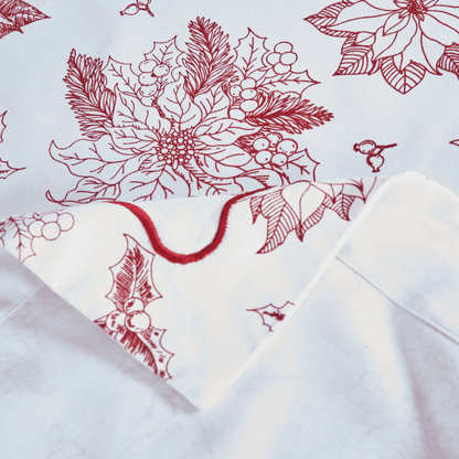 Red & White Cotton Christmas Tablecloth with Poinsettia Wave Embroidery