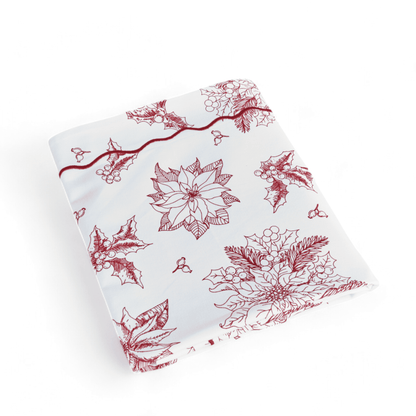 Red & White Cotton Christmas Tablecloth with Poinsettia Wave Embroidery