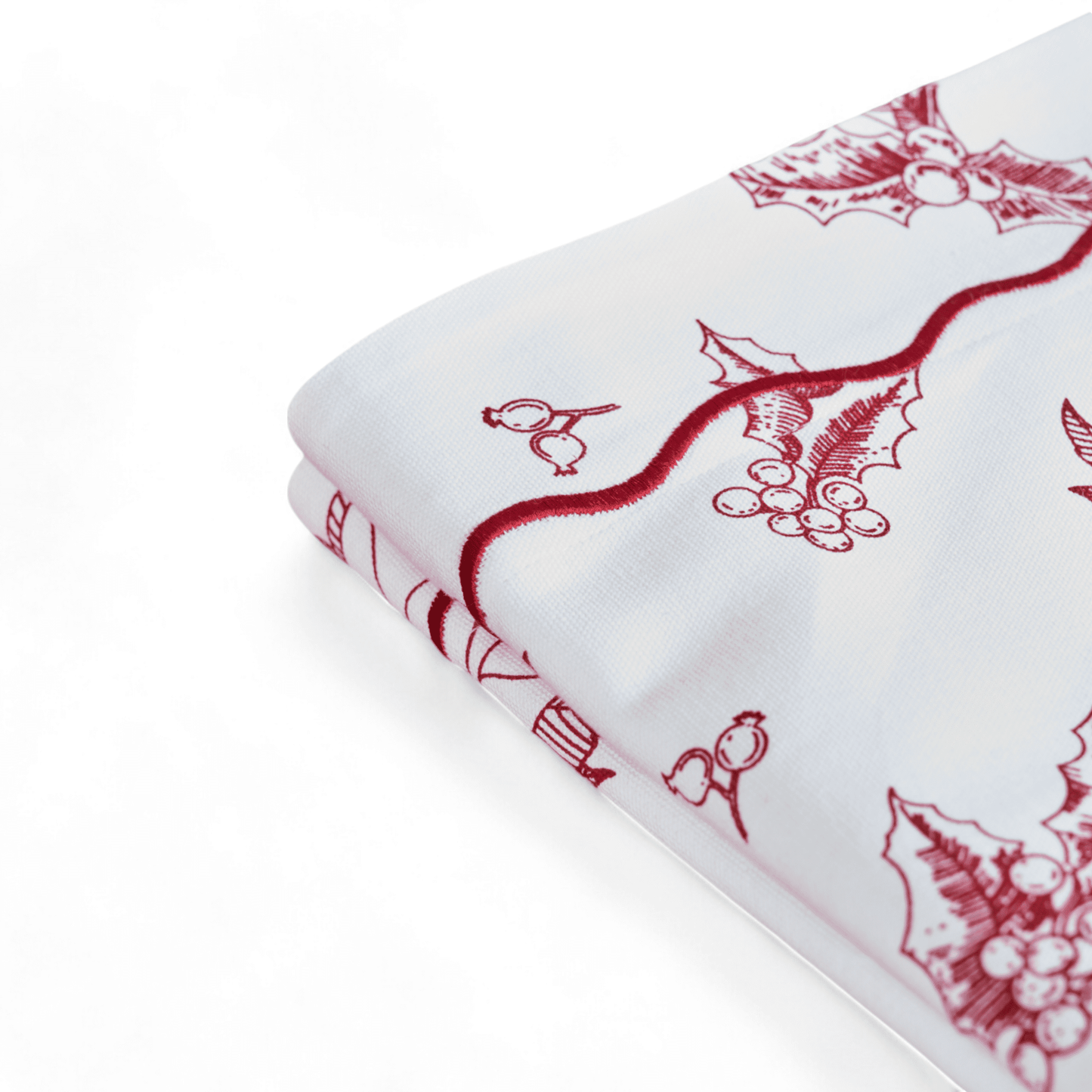 Red & White Cotton Christmas Tablecloth with Poinsettia Wave Embroidery