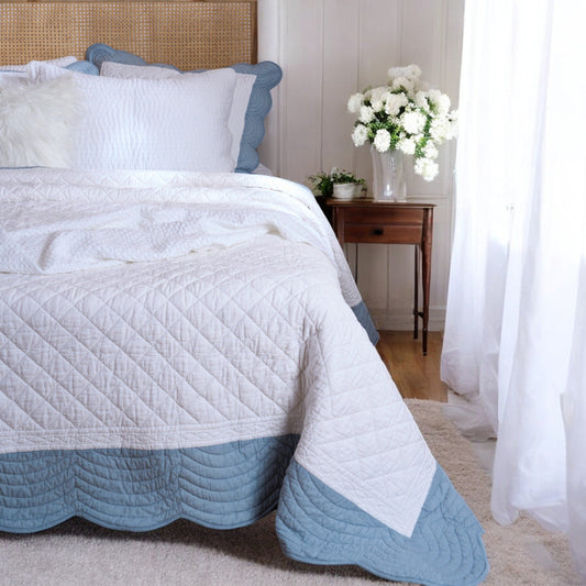 Amour Scalloped Quilted Bed Set – White & Duck Egg Cotton Luxury Quilt