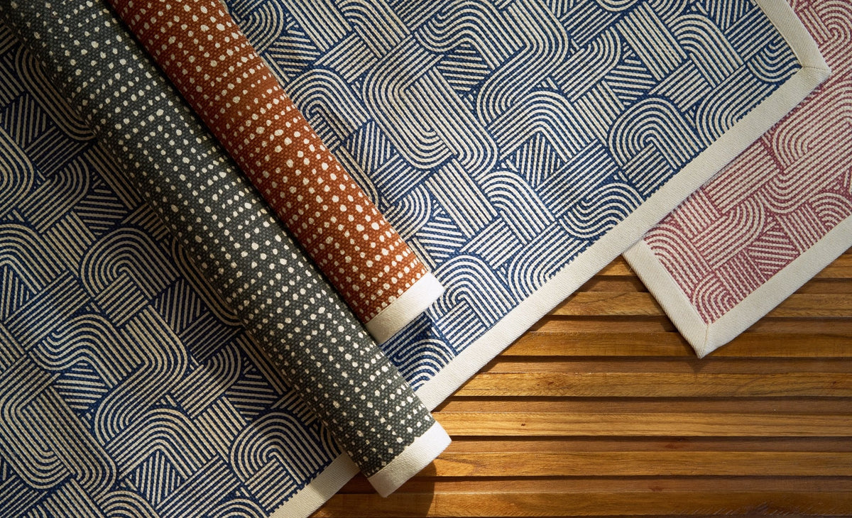 Modern Retro Blue Cotton Rug | Stripes & Curve Print | Mid-Century Modern