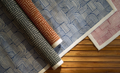 Modern Retro Blue Cotton Rug | Stripes & Curve Print | Mid-Century Modern