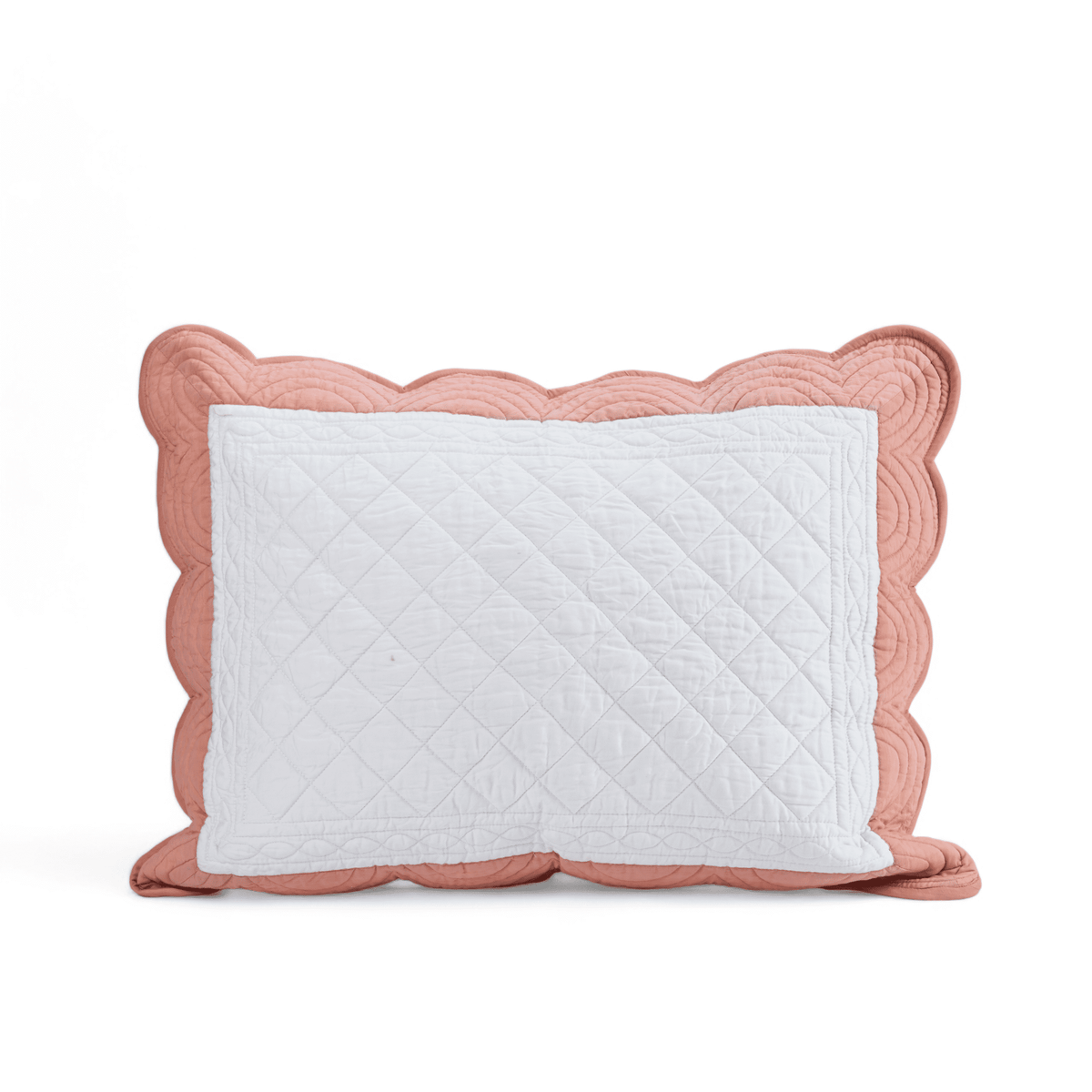 Amour Scalloped Quilt Bed Set | White & Coral Cotton | Diamond Quilting | Handmade