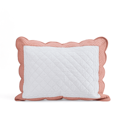 Amour Scalloped Quilt Bed Set | White & Coral Cotton | Diamond Quilting | Handmade