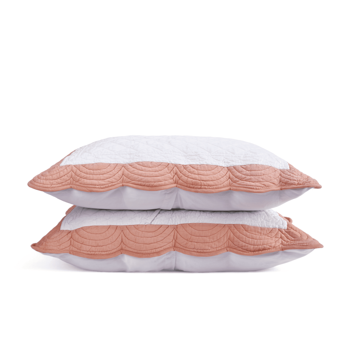 Amour Scalloped Quilt Bed Set | White & Coral Cotton | Diamond Quilting | Handmade