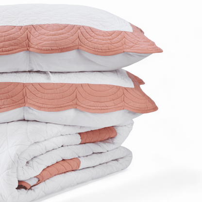 Amour Scalloped Quilt Bed Set | White & Coral Cotton | Diamond Quilting | Handmade