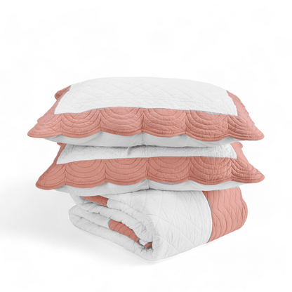 Amour Scalloped Quilt Bed Set | White & Coral Cotton | Diamond Quilting | Handmade