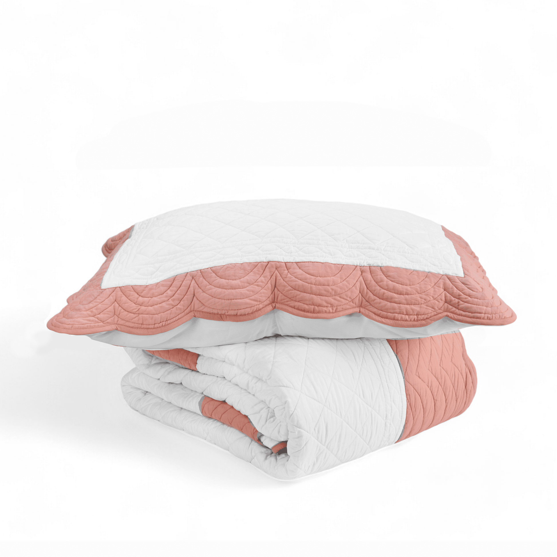 Amour Scalloped Quilted Bed Set – White & Coral Cotton Luxury