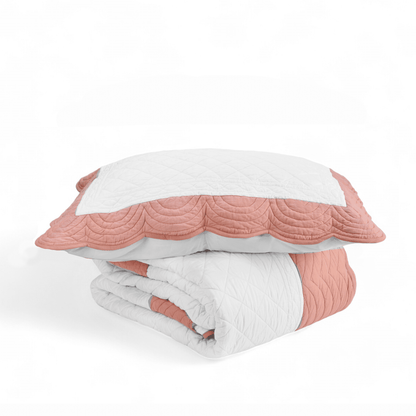 Amour Scalloped Quilt Bed Set | White & Coral Cotton | Diamond Quilting | Handmade
