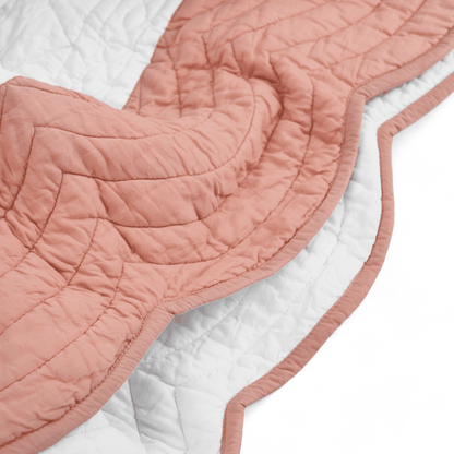 Amour Scalloped Quilt Bed Set | White & Coral Cotton | Diamond Quilting | Handmade