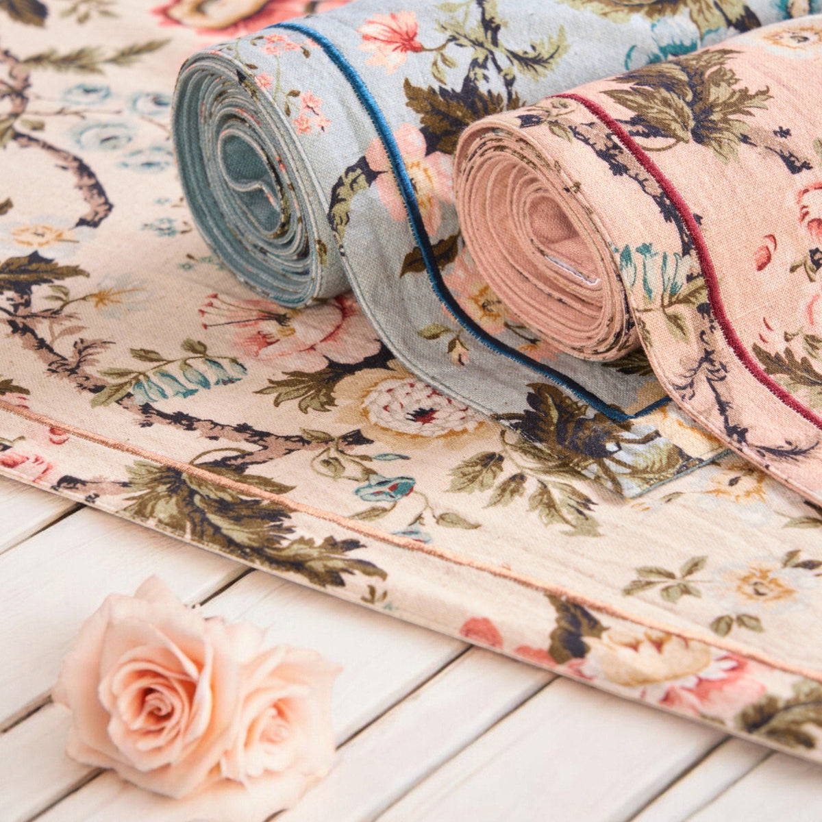Amour – Beige Linen & Cotton Table Runner with Vintage Rose Print