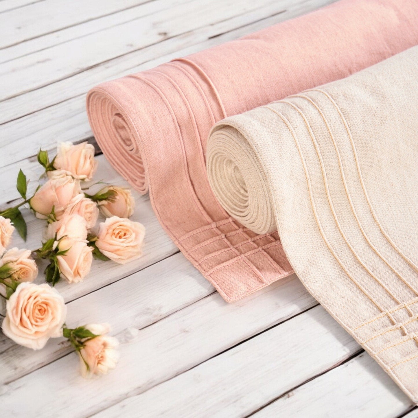 Amour Beige Linen-Cotton Table Runner with Pintuck Border