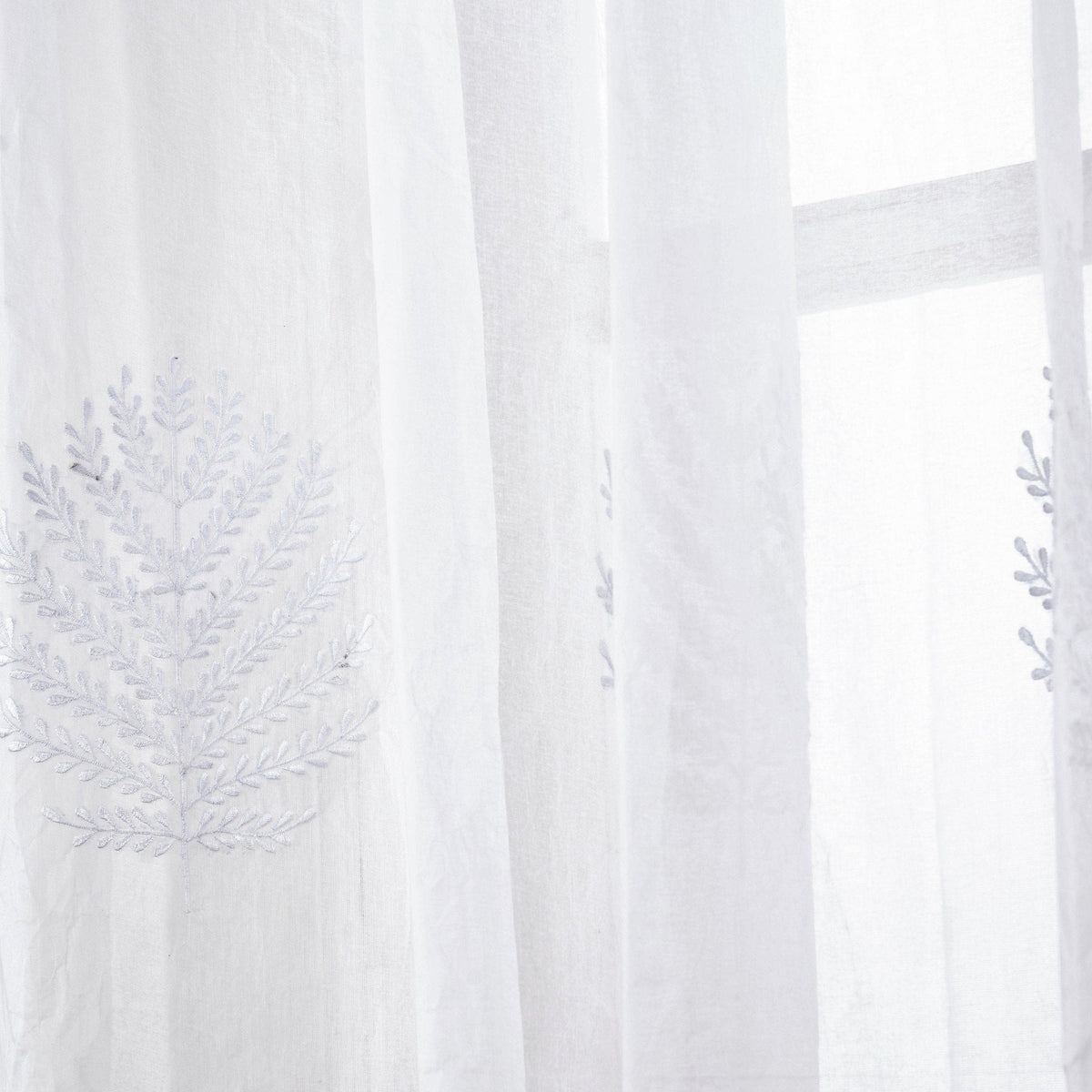 White Organdy Curtain Panel | Fern Leaf Embroidery | 4 Hanging Styles | 52 × 63 & 52 × 84 inches
