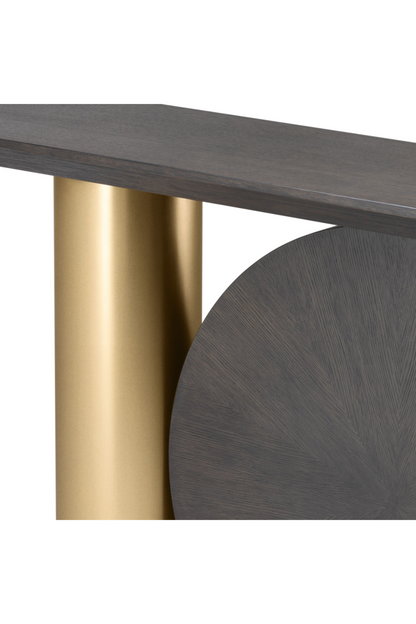 Elegant Postmodern Spring Console Table with Mocha Oak & Brass Finish