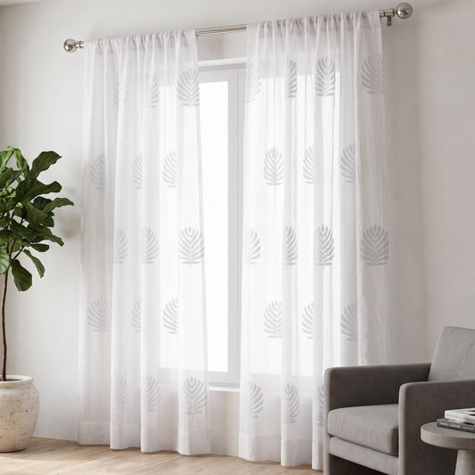 White Organdy Curtain Panel | Fern Leaf Embroidery | 4 Hanging Styles | 52 × 63 & 52 × 84 inches