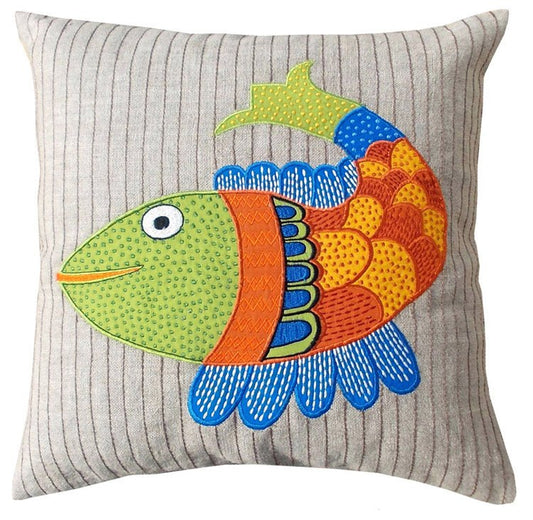 Handcrafted Fish Motif Linen Pillow Cover – 16x16 Boho Décor