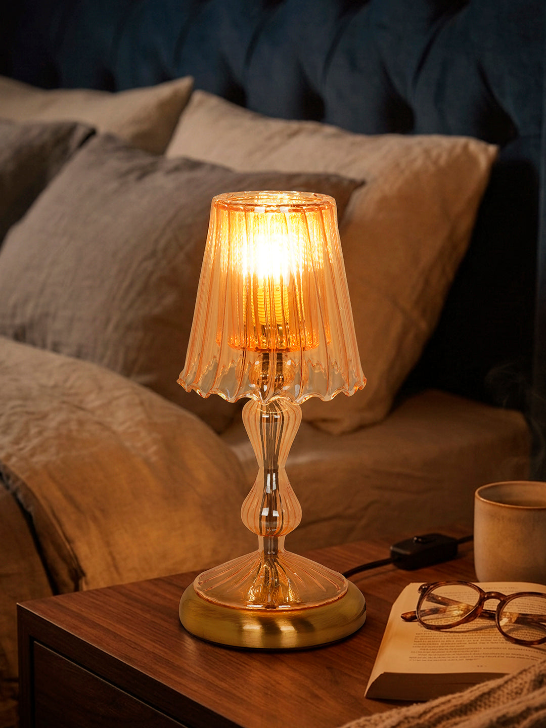 Fluted Golden Luster Glass Accent Table Lamp with Brass Base - Romantic Modern Small Bedside Light