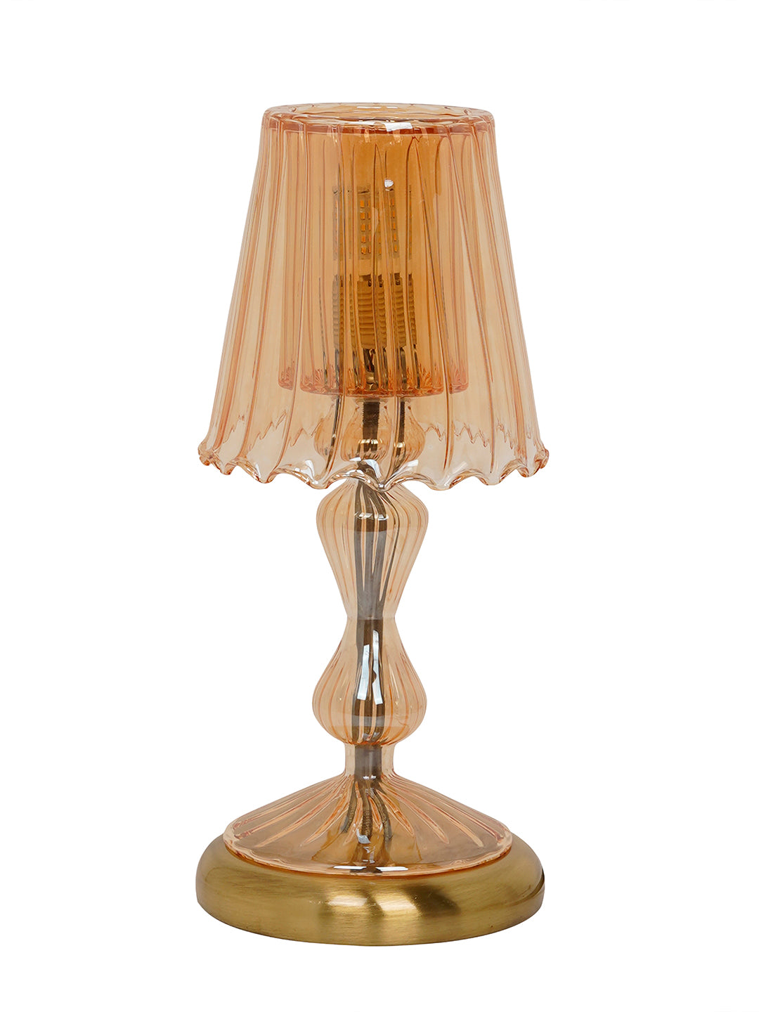 Fluted Golden Luster Glass Accent Table Lamp with Brass Base - Romantic Modern Small Bedside Light