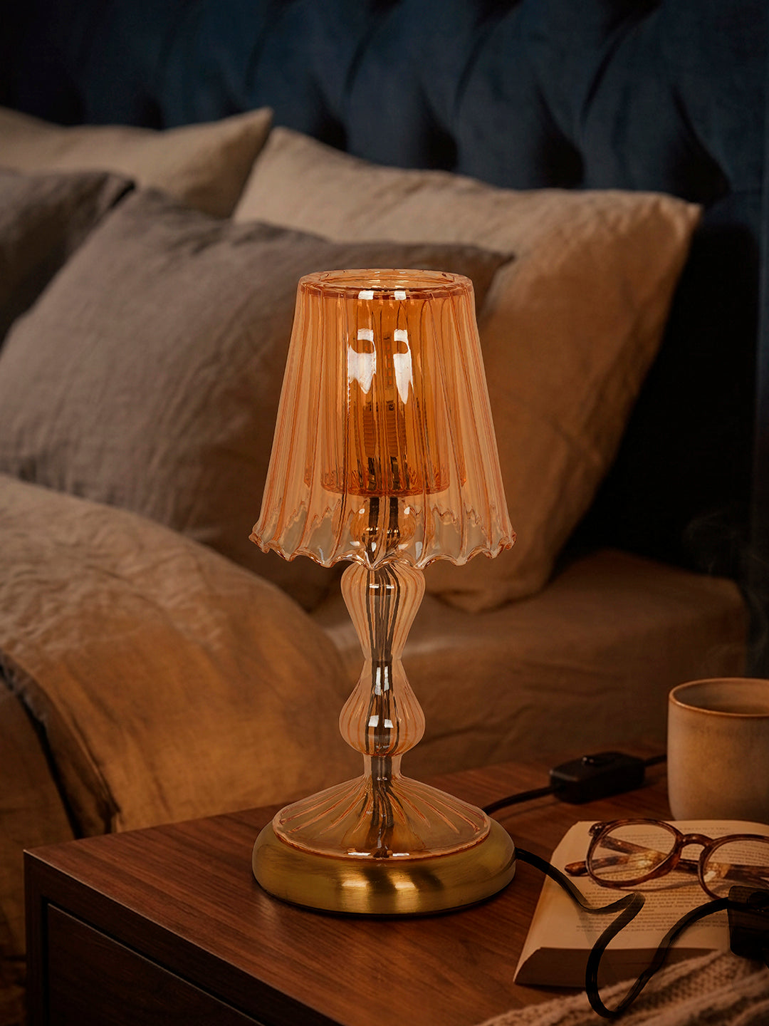 Fluted Golden Luster Glass Accent Table Lamp with Brass Base - Romantic Modern Small Bedside Light