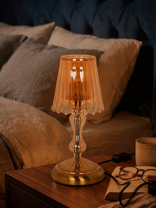 Fluted Golden Luster Glass Accent Table Lamp with Brass Base - Romantic Modern Small Bedside Light