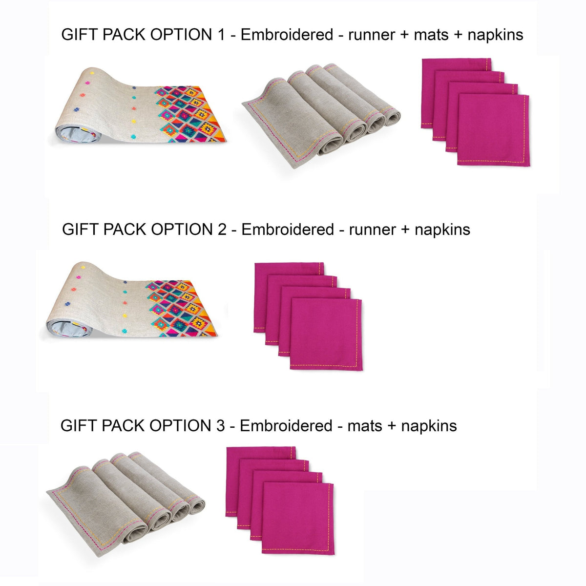 Folk Kilim Table Linen Gift Pack | Pure Linen | Natural with Multicolour Embroidery | 3 Combinations