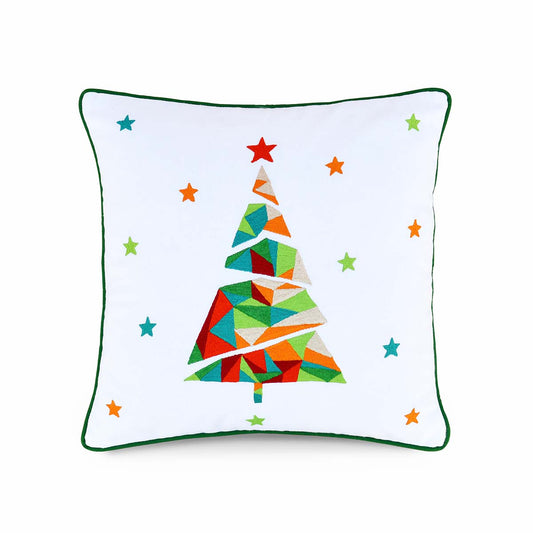 Geometric Christmas Tree Embroidered Pillow Cover – Vibrant Cotton Cushion
