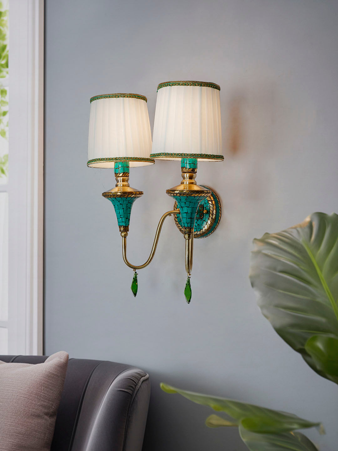 Green Fabric Mild Steel 2-Light Wall Sconce – 48.3 cm