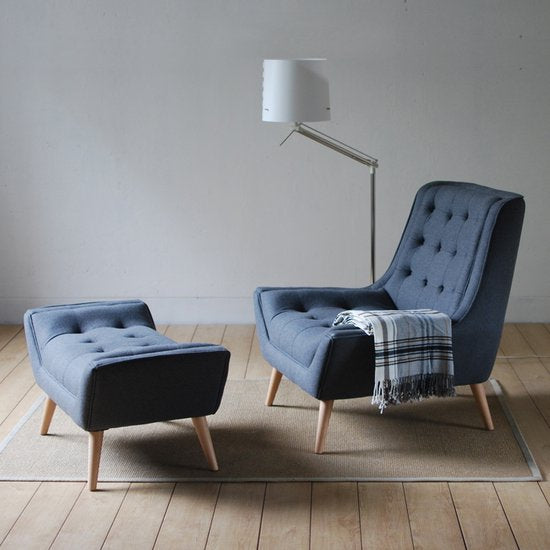 Modern Annecy Grey Wool Upholstered Lounge Chair and Ottoman Set with Wooden Legs