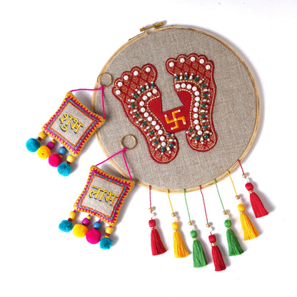 Diwali Gift Pack – Lakshmi Charan Hoop Wall Art with Shubh Labh Tassels