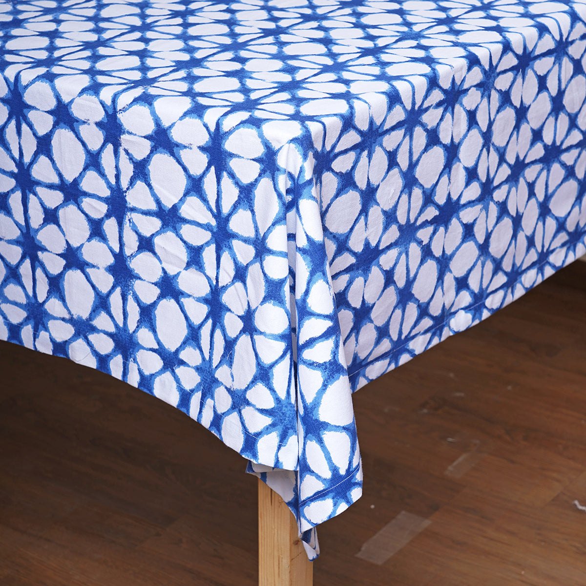 Blue & White Tie Dye Prism Print Cotton Tablecloth | 4 & 6 Seater Sizes