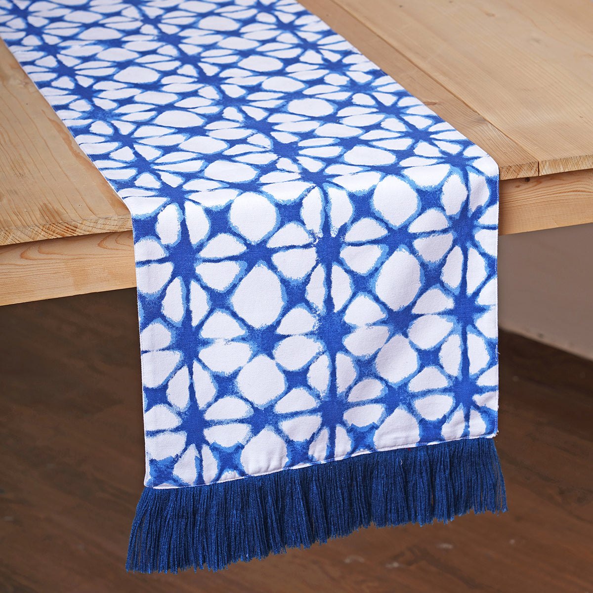 Blue Tie-Dye Prism Table Runner with Acrylic Fringe