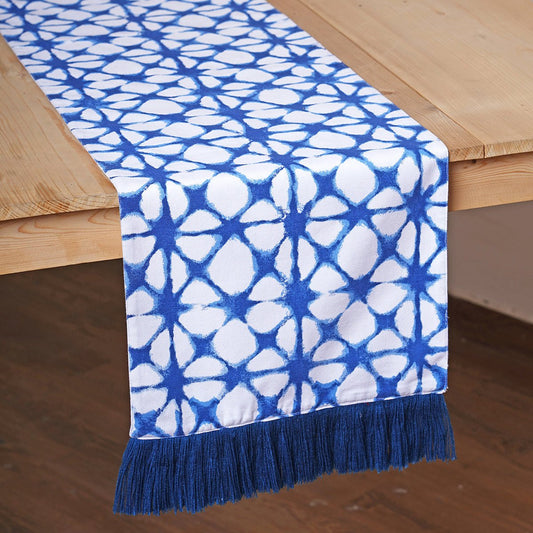 PRISM TIE DYE Blue Table Runner | Tie Dye Print with Acrylic Fringe Border | Cotton
