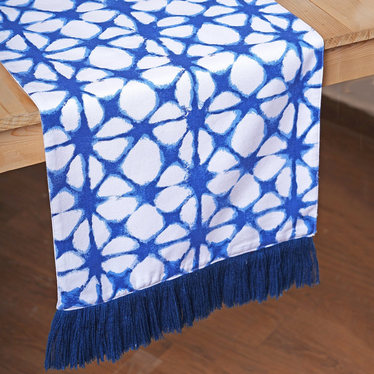 PRISM TIE DYE Blue Table Runner | Tie Dye Print with Acrylic Fringe Border | Cotton