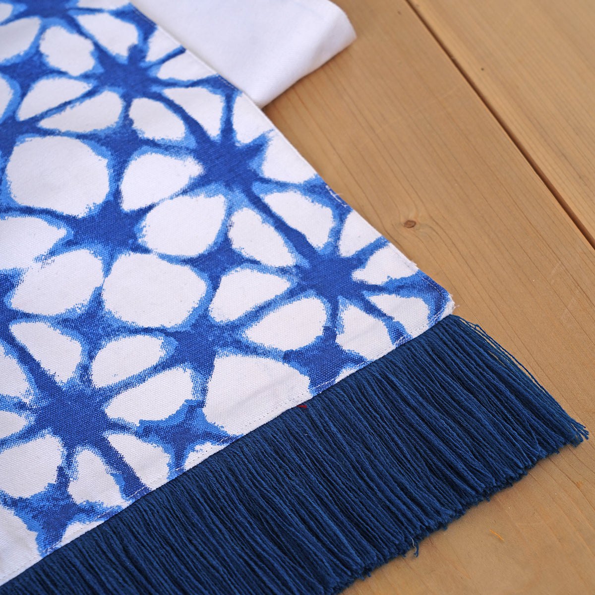 PRISM TIE DYE Blue Table Runner | Tie Dye Print with Acrylic Fringe Border | Cotton