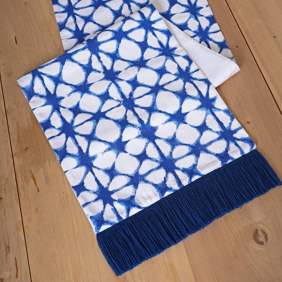 PRISM TIE DYE Blue Table Runner | Tie Dye Print with Acrylic Fringe Border | Cotton