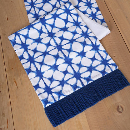 PRISM TIE DYE Blue Table Runner | Tie Dye Print with Acrylic Fringe Border | Cotton