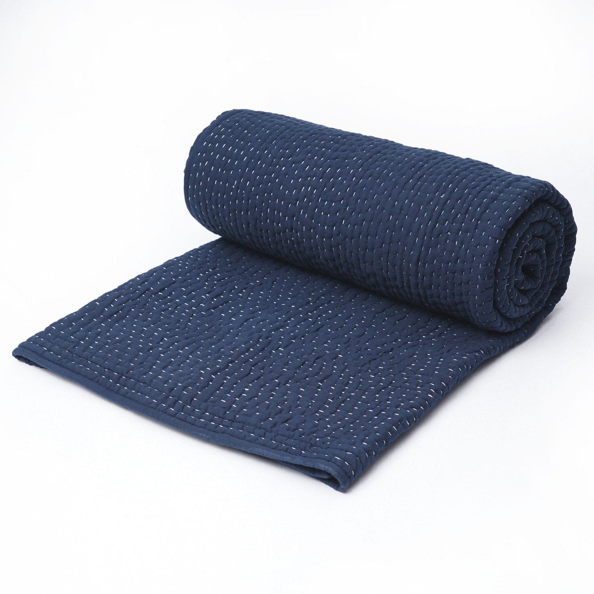 Indigo Blue Kantha Quilt | Hand Quilted 4-Layer Muslin Gauze | Twin, Queen & King