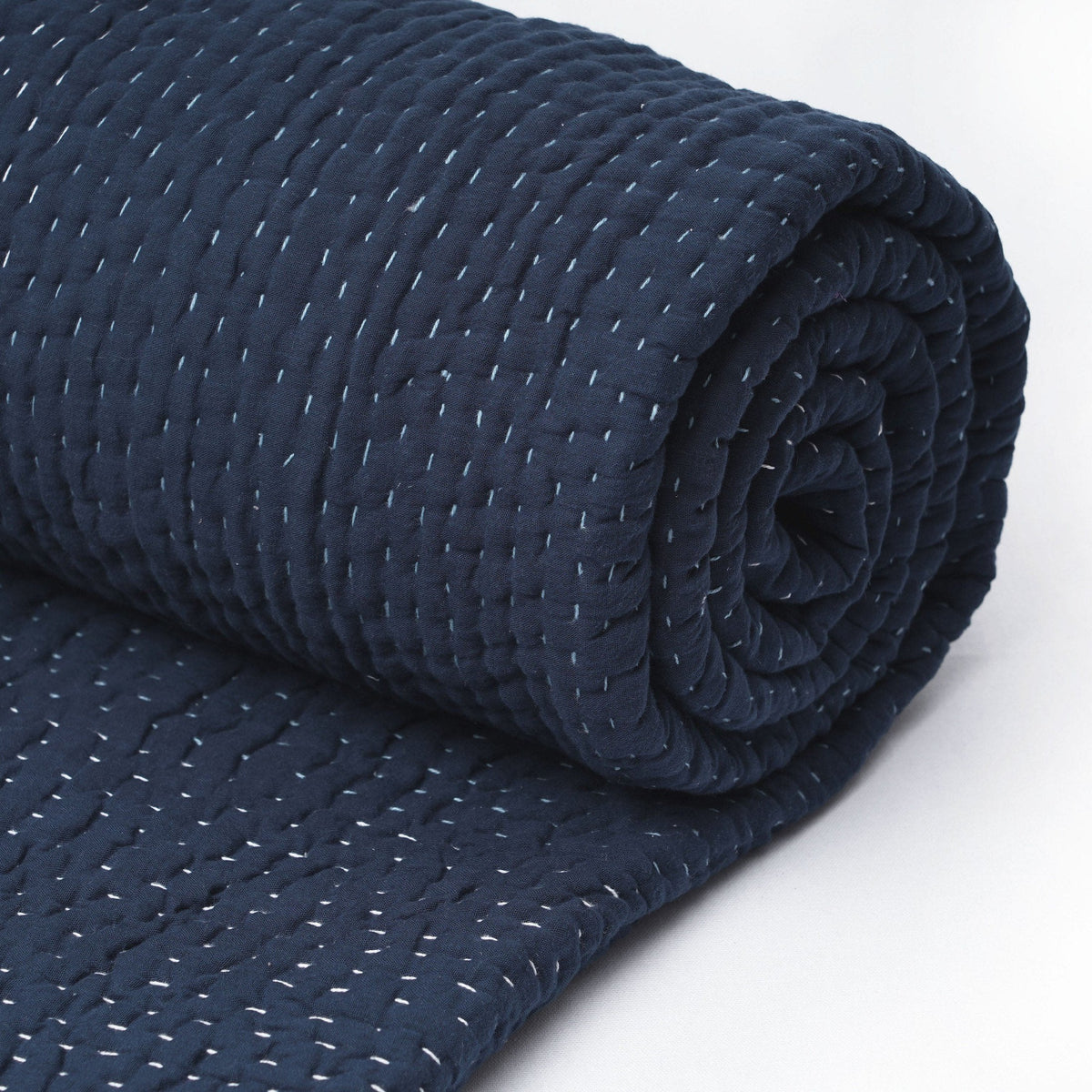 Indigo Blue Kantha Quilt | Hand Quilted 4-Layer Muslin Gauze | Twin, Queen & King