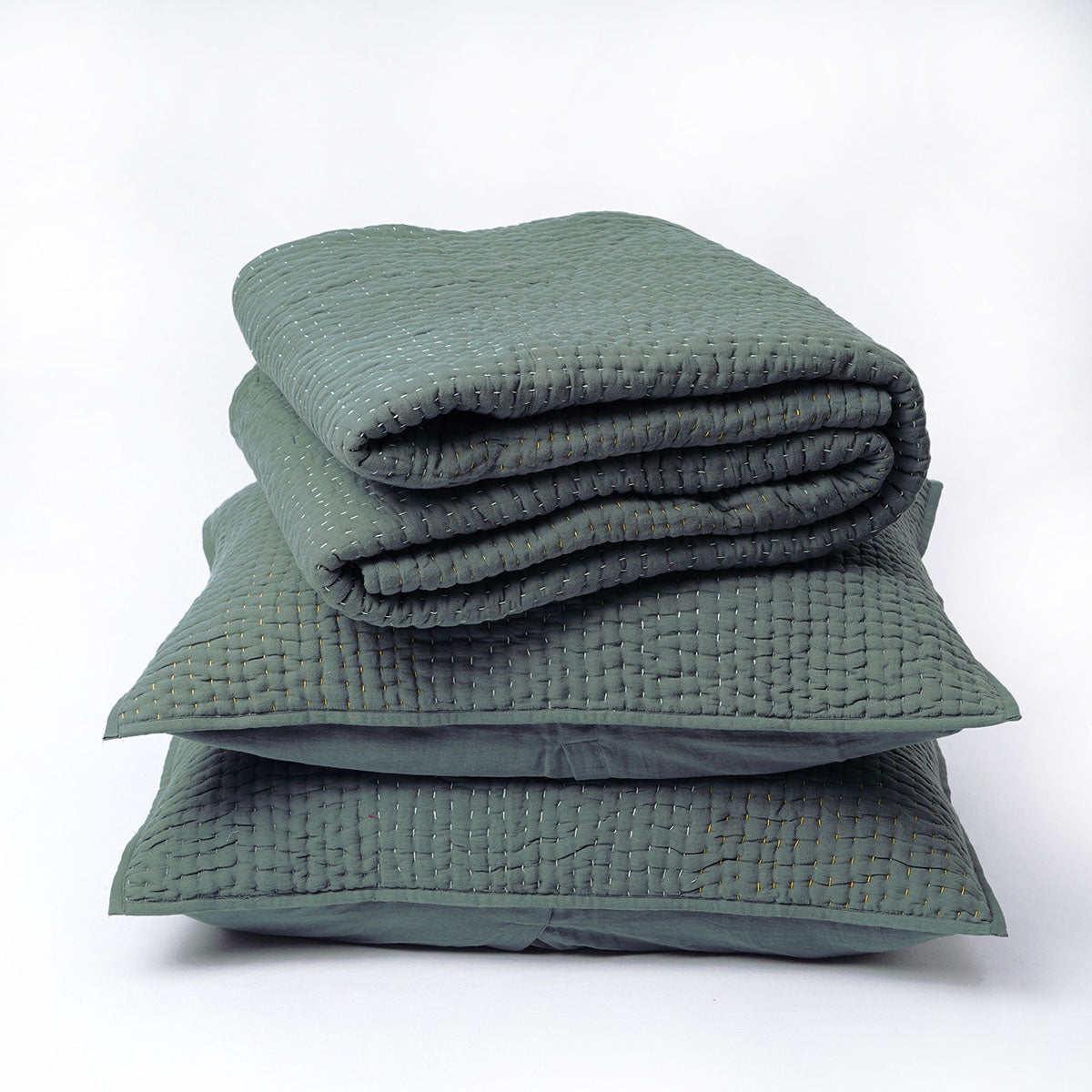 Olive Green Kantha Pillow Shams | Hand Quilted 4-Layer Muslin Gauze | Multiple Sizes